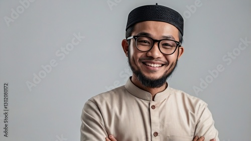 Asian Muslim man wearing glasses smiling to give greeting during Ramadan and Eid Al Fitr celebration over white background photo