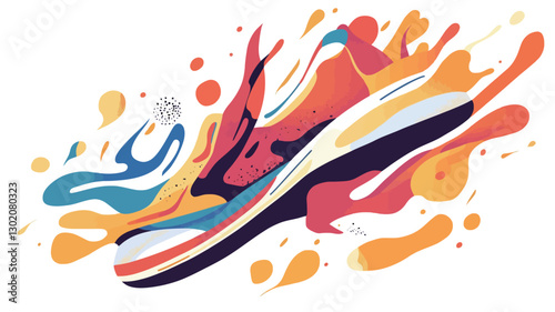 A stylized illustration of a running shoe depicted in a dynamic composition. The shoe is rendered in shades of orange, red, blue, and white, with abstract paint splatter effects in various