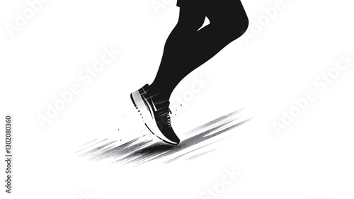 Close-up, low-angle, black and white image of a person's legs while running. The image is sharply focused on the lower legs and feet, with a motion blur effect suggesting speed and