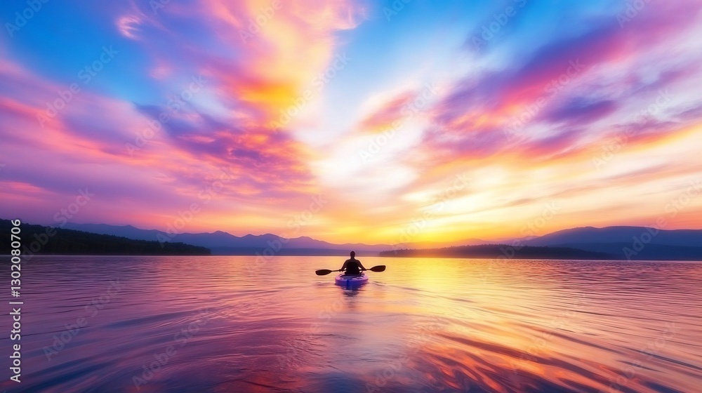 Fototapeta premium Kayaker paddles serene lake at sunset