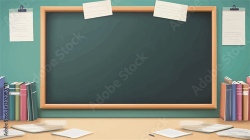A digital illustration depicting a large, blank, green chalkboard with a wooden frame.  The chalkboard is mounted on a teal wall.  On either side of the board are stacks of colorful books.