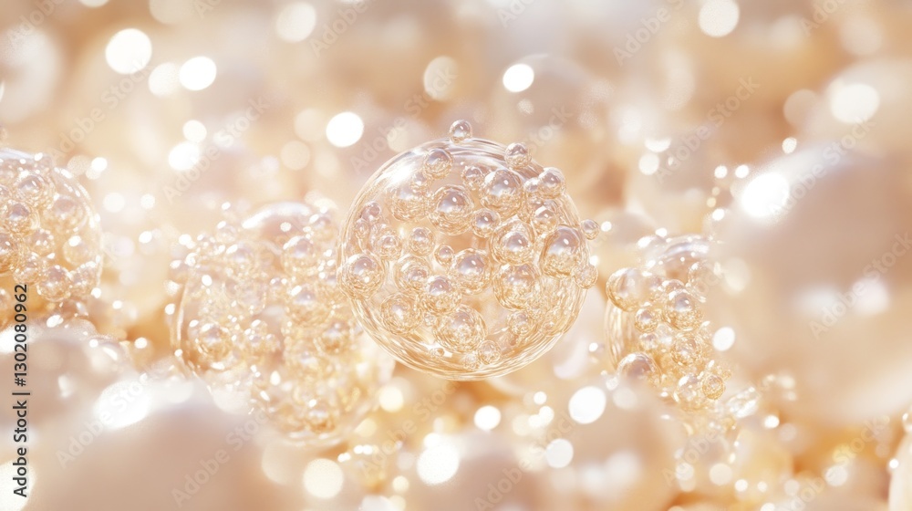 Abstract interpretation of skincare molecule clusters, floating in luminous space, perfect spherical structures connected by delicate crystalline bridges, silky smooth surfaces with pearl-like Abstract interpretation of skincare molecule clusters, floating in luminous space, perfect spherical structures connected by delicate crystalline bridges, silky smooth surfaces with pearl-like