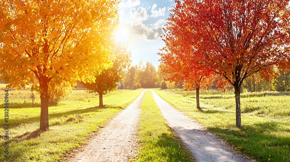Autumnal Country Road with Vibrant Orange and Red Trees Autumnal Country Road with Vibrant Orange and Red Trees