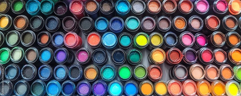 Rainbowcolored paint containers in a variety of shades