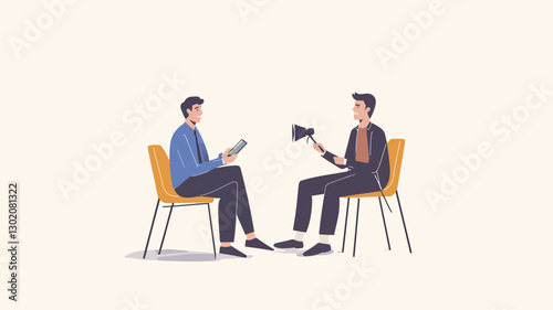 Illustration of two men sitting in yellow chairs facing each other. One man holds a small handheld microphone.  Both men are simply illustrated with minimal detail, using muted colors, flat