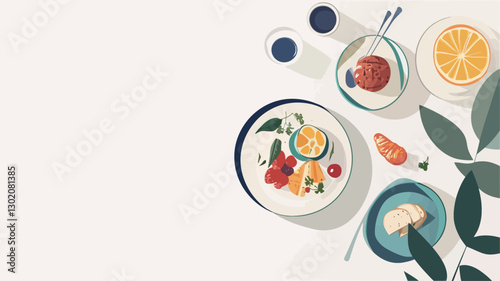A high-angle, close-up shot depicts a flatlay arrangement of various food items and drinkware on a white background. The composition features several plates and bowls in shades of teal and