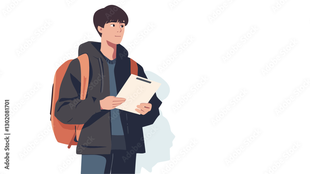 The image is a vector illustration depicting a young man from the waist up. He has short dark hair and is wearing a dark jacket with a hood, a dark shirt underneath, and dark pants. He's The image is a vector illustration depicting a young man from the waist up. He has short dark hair and is wearing a dark jacket with a hood, a dark shirt underneath, and dark pants. He's
