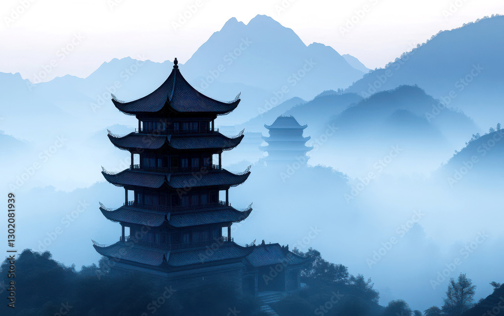 A serene view of traditional pagodas shrouded in misty mountains.