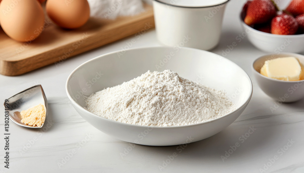 Bowl of flour with eggs and fresh ingredients in the kitchen. Bowl of flour with eggs and fresh ingredients in the kitchen.
