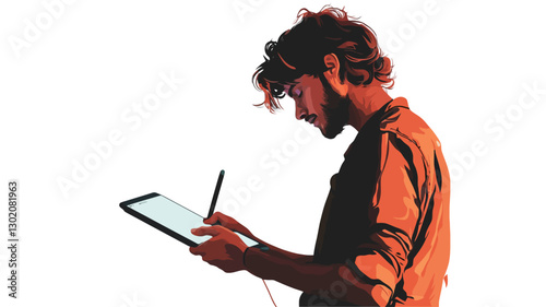 A stylized illustration of a young man with curly hair and a beard, shown from the side in profile. He is wearing an orange-toned shirt and headphones, and is using a stylus to draw or