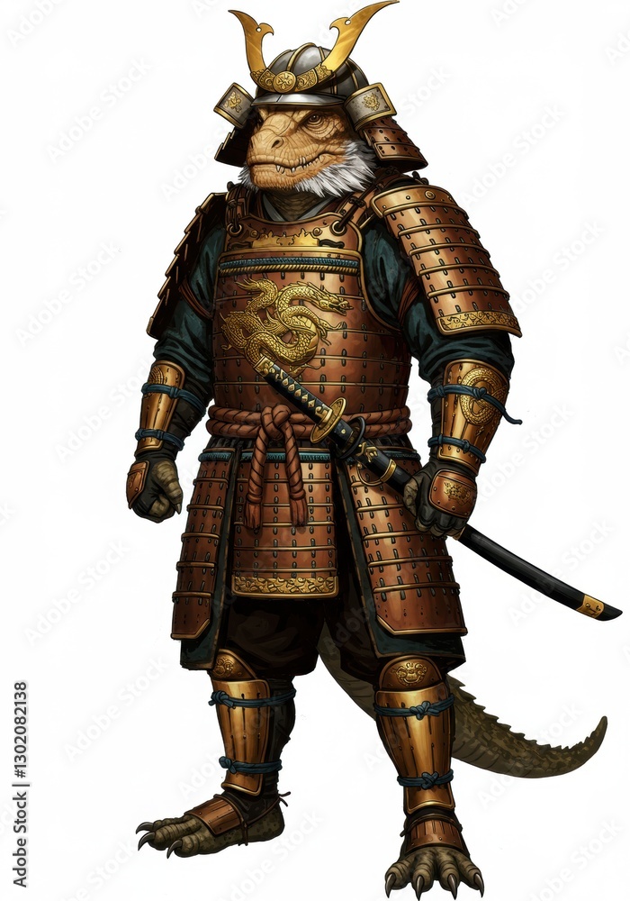 A pogona vitticeps warrior in ornate armor stands confidently with a sword, showcasing a fantastical scene A pogona vitticeps warrior in ornate armor stands confidently with a sword, showcasing a fantastical scene
