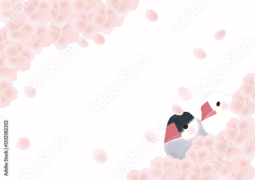 桜の花と桜文鳥と白文鳥のフレーム