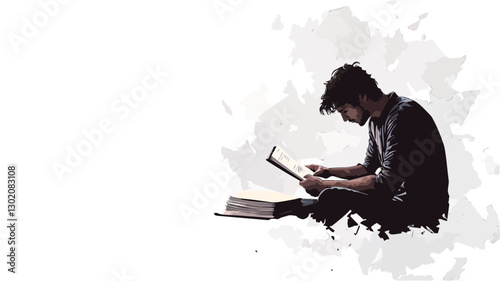 The image shows a grayscale silhouette of a young man seated on the floor, appearing to work on a tablet computer.  His posture is hunched and focused. The background is primarily white