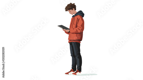 Illustration of a young man standing in profile view, looking down at a digital tablet he is holding. He is wearing a red hoodie, dark pants, and sneakers. The style is a simple, flat