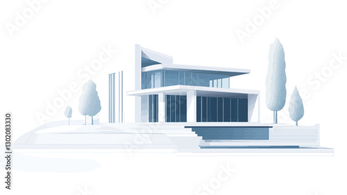 A digital rendering of a modern, minimalist house. The house is predominantly white with light blue accents, featuring clean lines and geometric shapes.  It is situated on a gently sloping