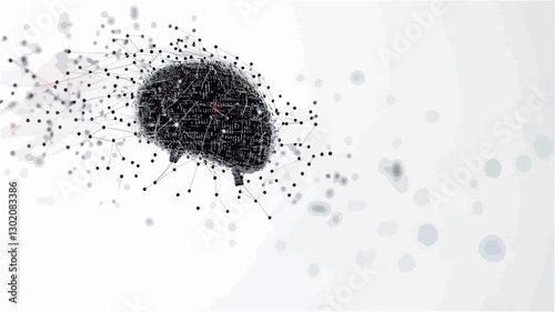 The image depicts a stylized three-dimensional representation of a brain seemingly disintegrating or dissolving into small, dark particles against a bright white background.  The particles