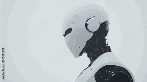 Close-up profile view of a white humanoid robot against a bright white background. The robot's head and upper torso are visible, showcasing a smooth, almost seamless design with subtle dark
