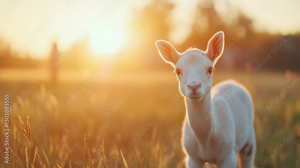 Obraz premium Lamb standing in sunset field