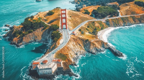 Aerial View of Golden Gate Bridge Framed by Serene Ocean and Scenic Hills in California