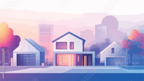 The image is a digital illustration depicting a row of modern suburban houses situated in front of a softly rendered cityscape. The style is minimalist with pastel pink, purple, and orange