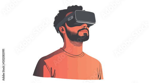Vector illustration of a man's head and shoulders wearing a virtual reality headset. The style is minimalist and illustrative, with a focus on clean lines and a limited color palette