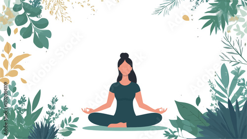 A vector illustration depicting a woman sitting in a lotus position, meditating.  She has dark hair tied up in a bun and is wearing a teal t-shirt and teal pants.  Her eyes are closed. She