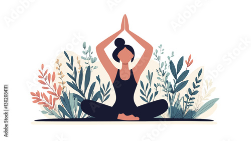 A vector illustration depicting a woman sitting in a lotus position with her hands raised in a prayer-like gesture. She is surrounded by stylized floral elements, depicted in muted earth