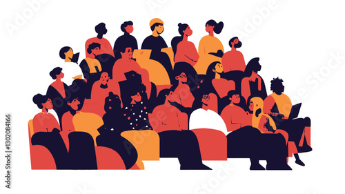 A stylized illustration depicting a diverse group of people sitting in an auditorium-style arrangement.  The figures are rendered in a flat design style with bold, simplified shapes and