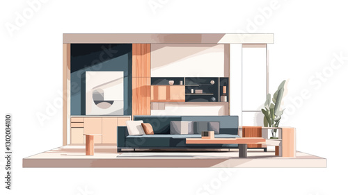 The image is a digital rendering depicting a modern living room interior. The color palette is predominantly neutral, featuring light wood tones, dark blue accents, and white backgrounds.