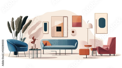 A stylized vector illustration depicting a modern living room interior. The scene features a blue sofa, two armchairs (one blue, one red), a coffee table, and several pieces of artwork on