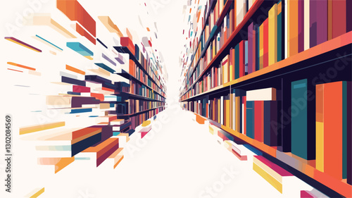 The image is a stylized, abstract representation of a library corridor.  The perspective is a vanishing point leading into a seemingly endless row of bookshelves filled with vibrantly
