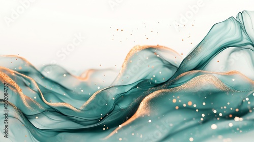 Ethereal waves of deep teal and rose gold alcohol ink floating across pure white background, delicate golden swirls intertwining like silk ribbons, creating translucent layers with organic shapes, photo