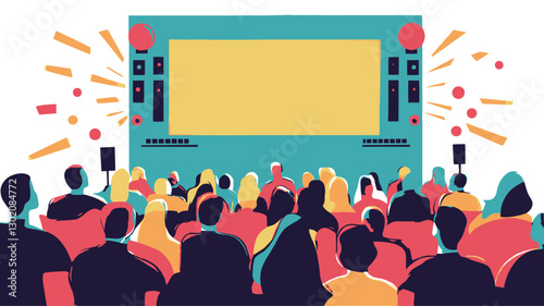 A stylized vector illustration depicting a large audience seated in front of a large screen.  The audience is represented by simplified, colorful silhouettes. The screen is teal and yellow,