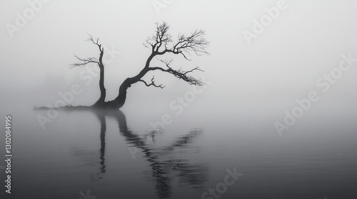Lone tree reflects in misty lake