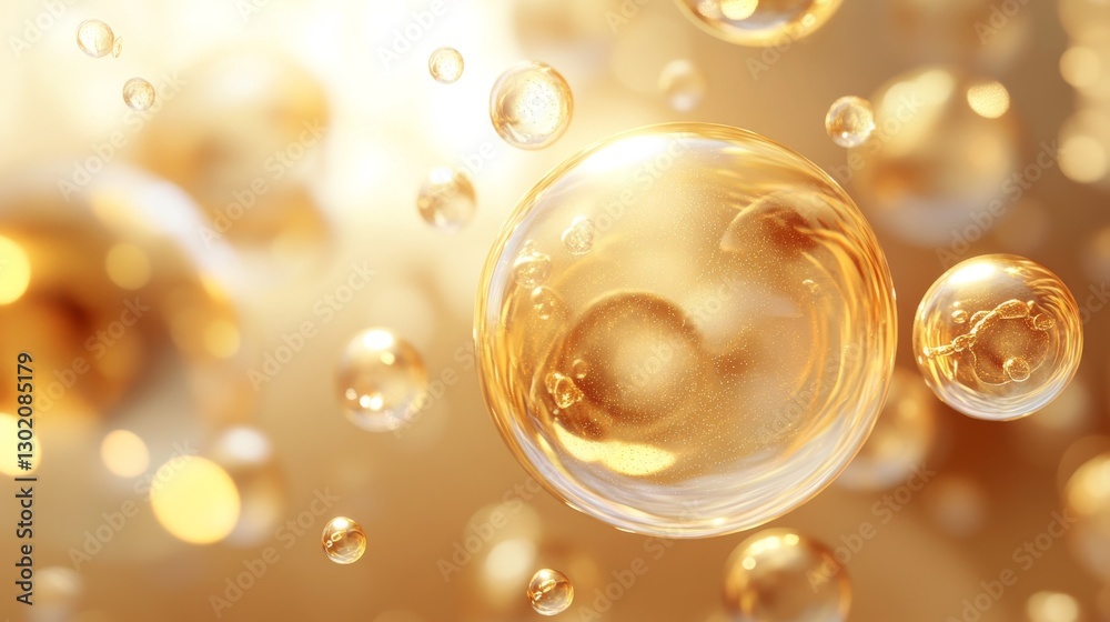 floating constellation of serum bubbles in varying sizes with translucent golden glow, perfect spherical forms revealing swirling collagen molecules inside, premium cosmetic lighting creating elegant floating constellation of serum bubbles in varying sizes with translucent golden glow, perfect spherical forms revealing swirling collagen molecules inside, premium cosmetic lighting creating elegant