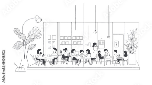 A minimalist black and white line art illustration depicting the interior of a cafe or restaurant.  The image showcases a long rectangular space with multiple tables and chairs occupied by