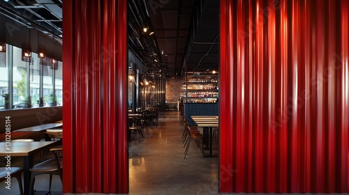 Modern Restaurant Interior with Red Corrugated Metal Partition