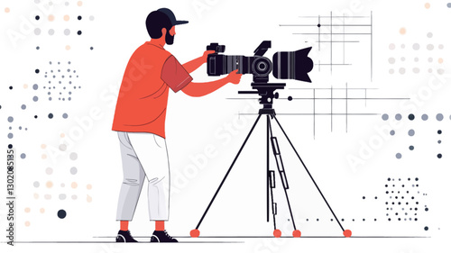 Illustration of a man, depicted from the knees up, using a large professional camera mounted on a tripod. He is wearing a red t-shirt and light-colored pants and a baseball cap. The style
