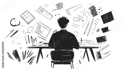 The image is a monochrome illustration depicting a person sitting at a desk from behind.  The individual appears to be engrossed in work, surrounded by a flurry of papers, design elements,