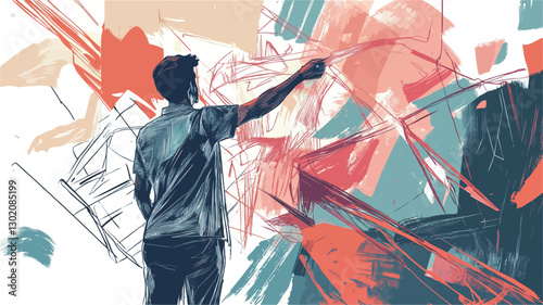 The image is an illustration depicting a man from behind, viewed from the knees up, wearing a dark-colored short-sleeved shirt and dark pants. He is in the process of painting a large