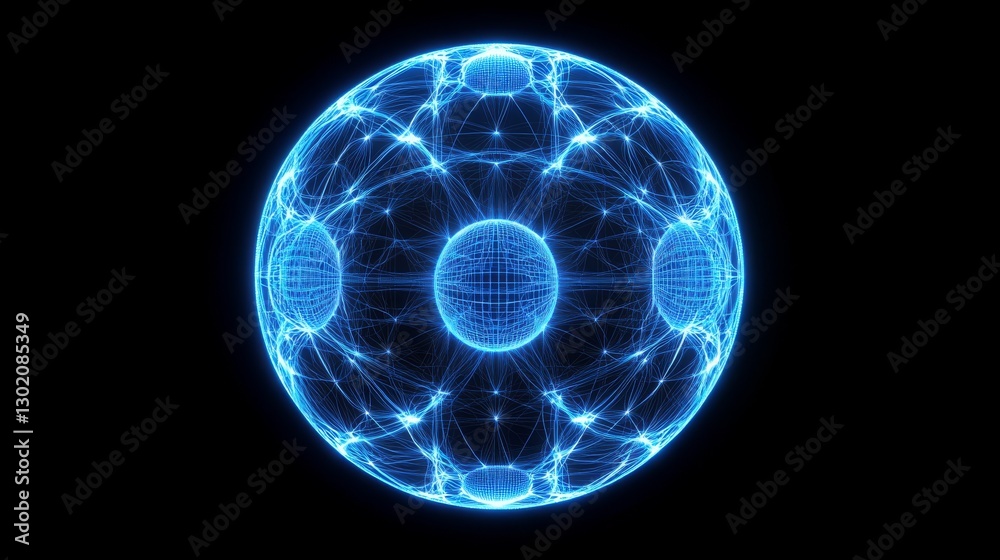 Ultra-precise geometric wireframe sphere constructed from glowing blue interconnected nodes, perfect symmetrical grid pattern with visible depth layers, floating in dark space with subtle point Ultra-precise geometric wireframe sphere constructed from glowing blue interconnected nodes, perfect symmetrical grid pattern with visible depth layers, floating in dark space with subtle point