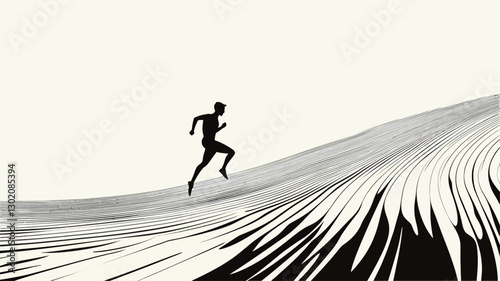 The image is a monochrome photograph depicting a silhouette of a person running uphill. The runner is in sharp contrast against a bright, featureless background. The hill is rendered in an
