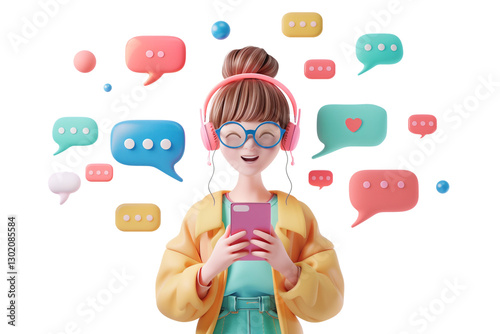 3D girl holding a smartphone with various colorful speech bubbles floating around. representing communication and messaging social media