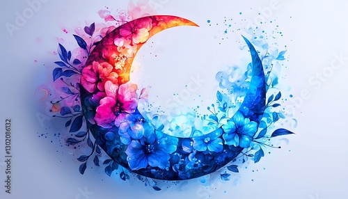 Crescent Moon Floral Watercolor Art
