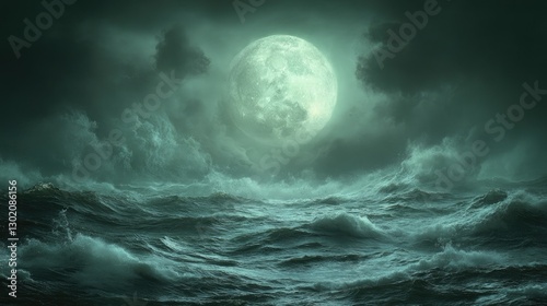 Stormy night sea under full moon photo
