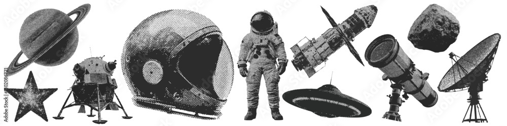 Set of outer space halftone grunge vector design elements