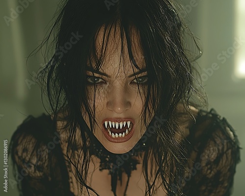 Fanged Woman Glares Indoors
