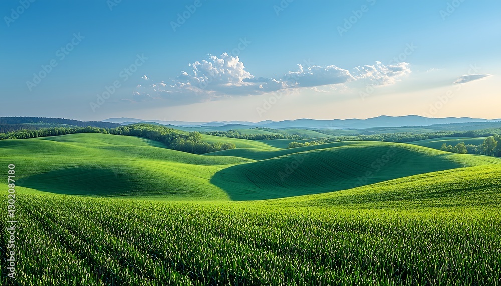 Naklejka premium Vibrant Green Rolling Hills Under Clear Blue Sky in Nature Landscape