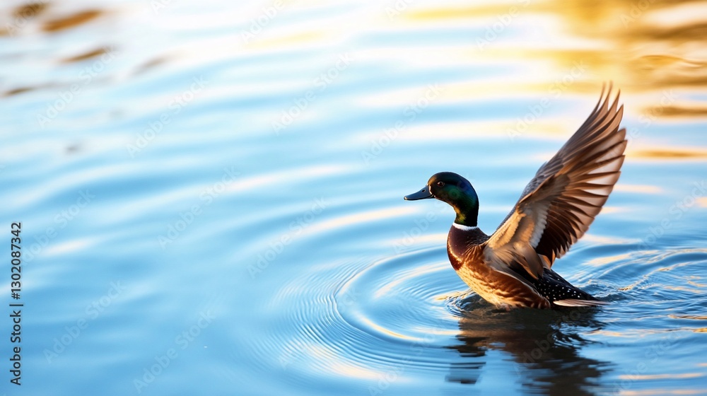 Fototapeta premium Mallard taking flight on calm lake at sunset