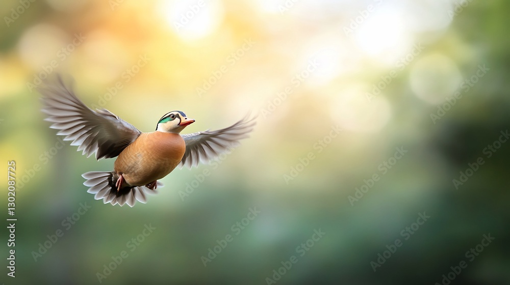 Obraz premium Mandarin duck soaring, sunlit forest